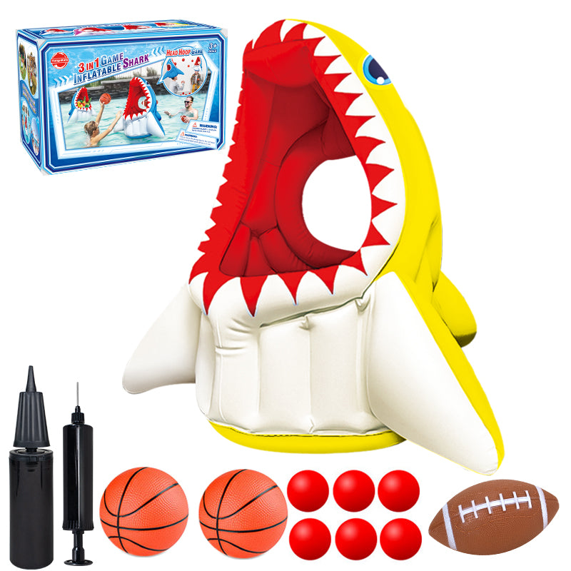 Cool Toys| 3-in-1 Inflatable Basketball & Football & Head Hoop Balls Games Shark Toys for Kids Birthday Gifts, Great Indoor Outdoor Beach Water Pool Game Toys for Boys Girls Adults Party Favors