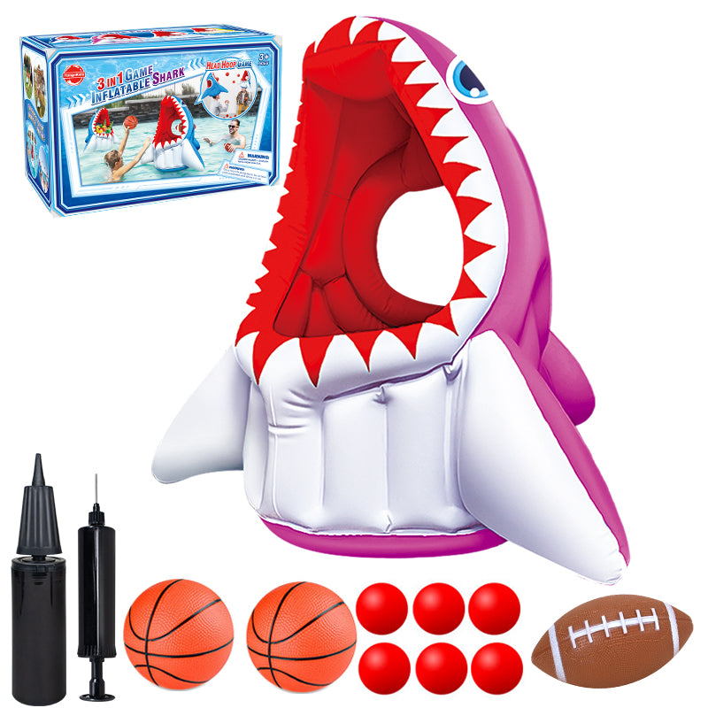 Cool Toys| 3-in-1 Inflatable Basketball & Football & Head Hoop Balls Games Shark Toys for Kids Birthday Gifts, Great Indoor Outdoor Beach Water Pool Game Toys for Boys Girls Adults Party Favors