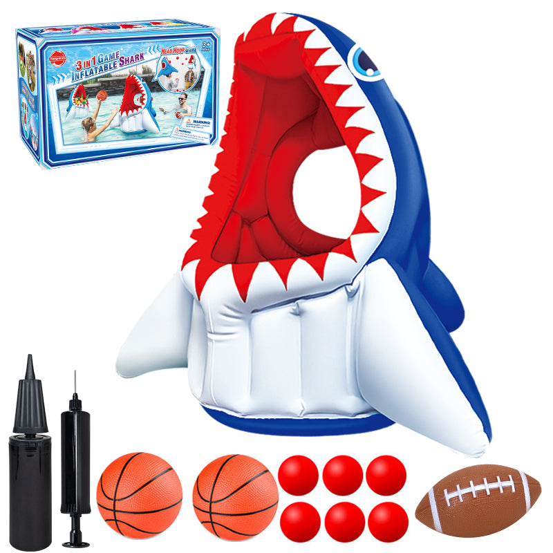 Cool Toys| 3-in-1 Inflatable Basketball & Football & Head Hoop Balls Games Shark Toys for Kids Birthday Gifts, Great Indoor Outdoor Beach Water Pool Game Toys for Boys Girls Adults Party Favors