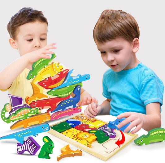 Wooden Puzzles for Toddlers 1-3, Wooden Teaching Clock | 2 in 1 Toddler Puzzles Stacking Toys for Infant Boys Girls Early Learning, Montessori Toys for 1 2 3 Year Old (Dinosaur+Animals Stacking Toys)