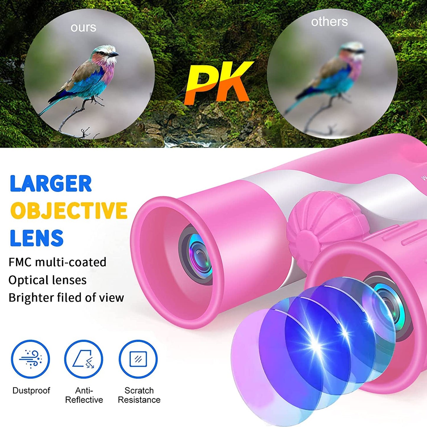 Binoculars for Kids, Kids Binoculars Gifts for 3-12 Years Boys and Girls, Shockproof Compact Binoculars for Bird Watching, Travel, Camping, Pink