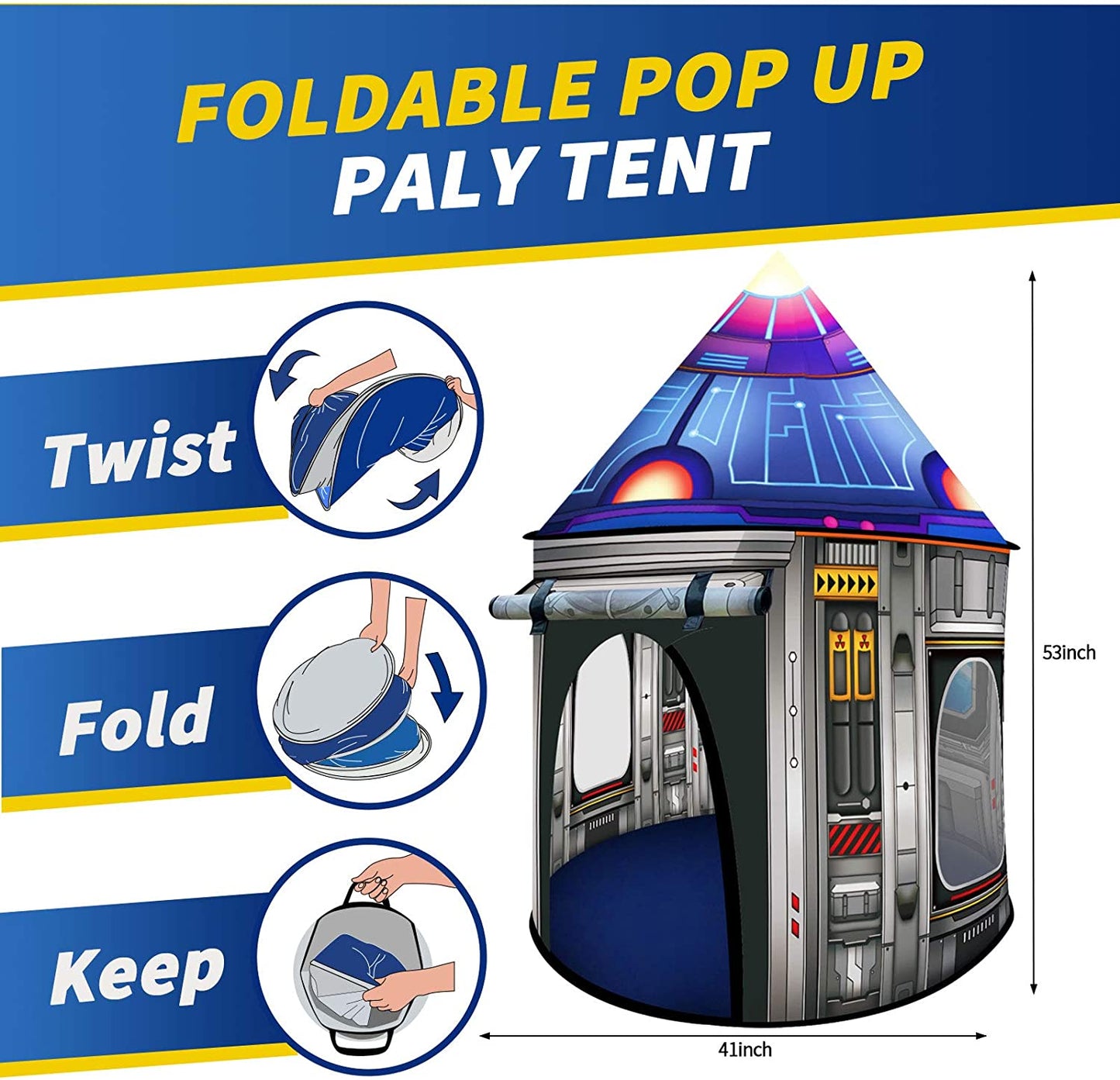 Rocket Ship Play Tent for Kids, Astronaut Spaceship Space Themed Pretend Playhouse Indoor Outdoor Games Party Children Tent Birthday Toy for Boys Girls Toddler Baby