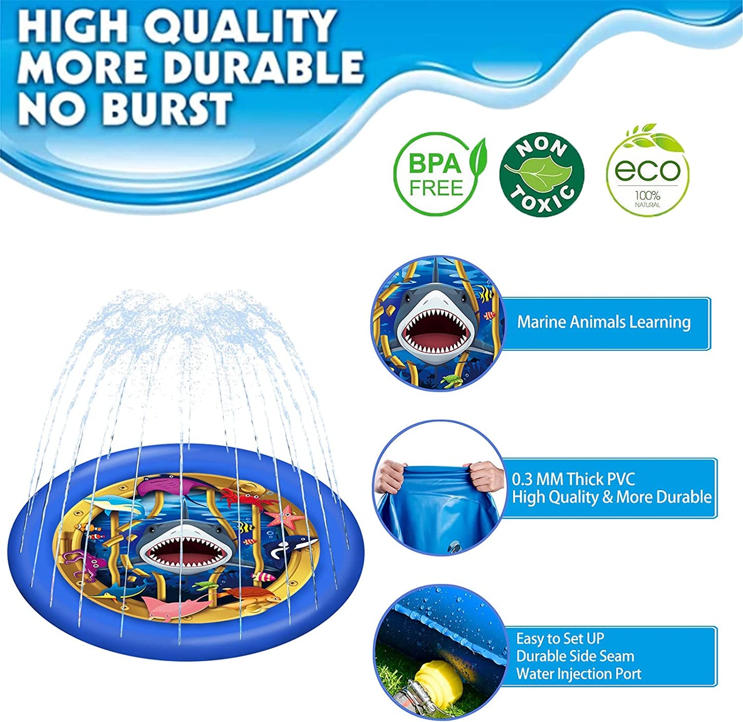 Upgraded Shark Splash Pad, Sprinkler & Splash Play Mat, Inflatable Summer Outdoor Sprinkler Pad Water Toys Fun for Children, Infants, Toddlers, Boys, Girls and Kids