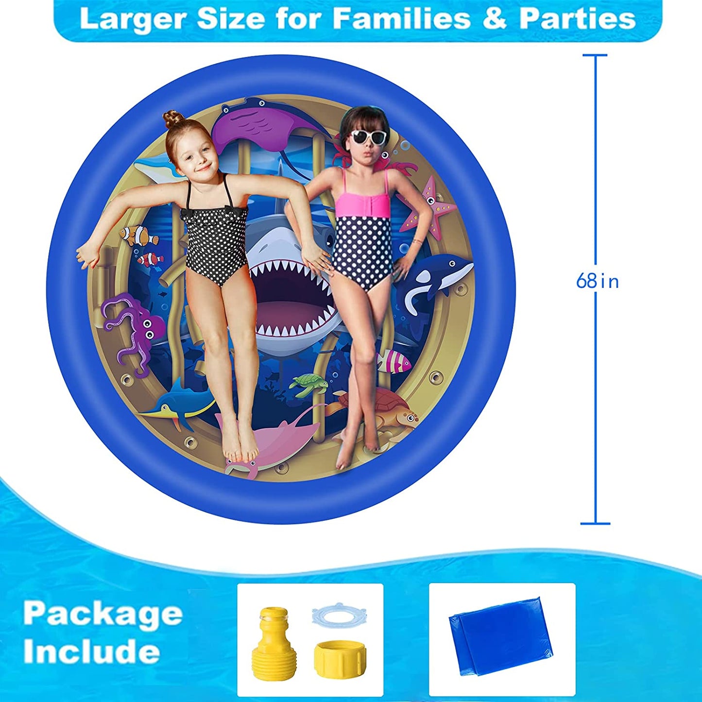 Upgraded Shark Splash Pad, Sprinkler & Splash Play Mat, Inflatable Summer Outdoor Sprinkler Pad Water Toys Fun for Children, Infants, Toddlers, Boys, Girls and Kids