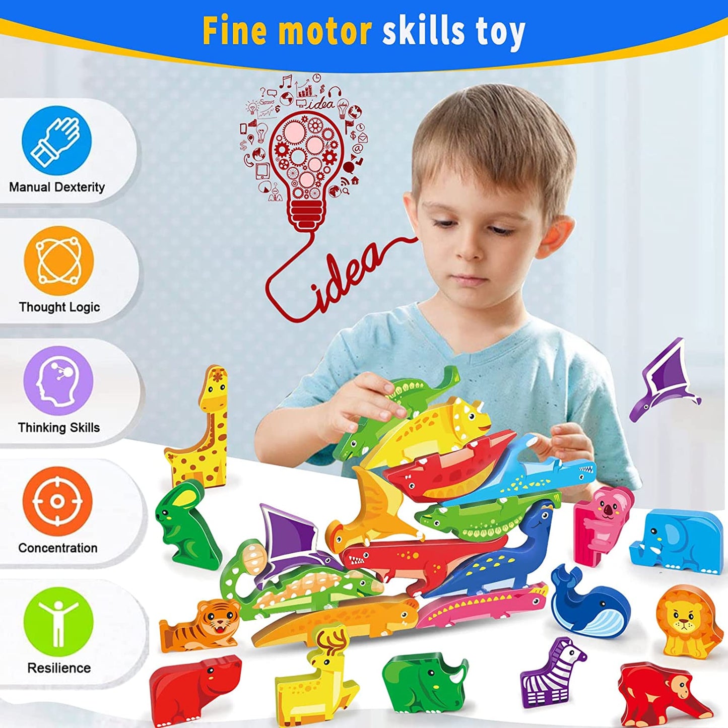 Wooden Puzzles for Toddlers 1-3, Wooden Teaching Clock | 2 in 1 Toddler Puzzles Stacking Toys for Infant Boys Girls Early Learning, Montessori Toys for 1 2 3 Year Old (Dinosaur+Animals Stacking Toys)