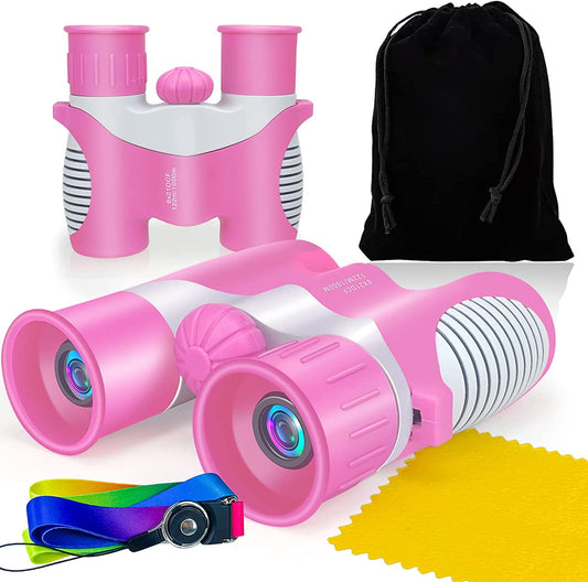 Binoculars for Kids, Kids Binoculars Gifts for 3-12 Years Boys and Girls, Shockproof Compact Binoculars for Bird Watching, Travel, Camping, Pink