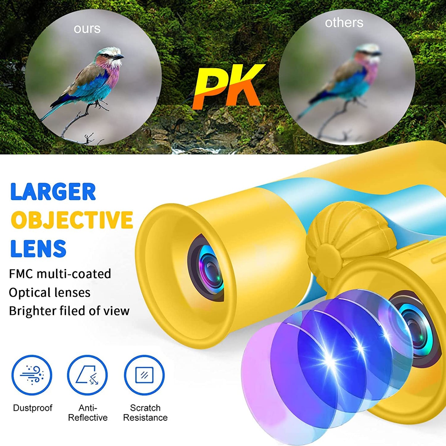 Binoculars for Kids, Kids Binoculars Gifts for 3-12 Years Boys and Girls, Shockproof Compact Binoculars for Bird Watching, Travel, Camping, Yellow