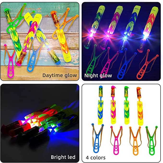 Ynybusi Slingshots Rocket Launcher for Kids, Finger Rocket Flying Copter with Led Lights- 12 Slingshots+12 Glow Helicopters, Flying Toys Summer Activities Camping Games Party Favors for Kids(12 Pack)