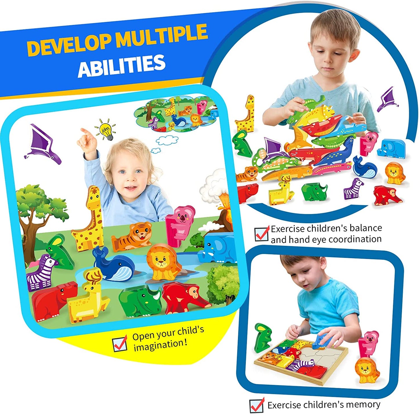 Wooden Puzzles for Toddlers 1-3, Wooden Teaching Clock | 2 in 1 Toddler Puzzles Stacking Toys for Infant Boys Girls Early Learning, Montessori Toys for 1 2 3 Year Old (Dinosaur+Animals Stacking Toys)