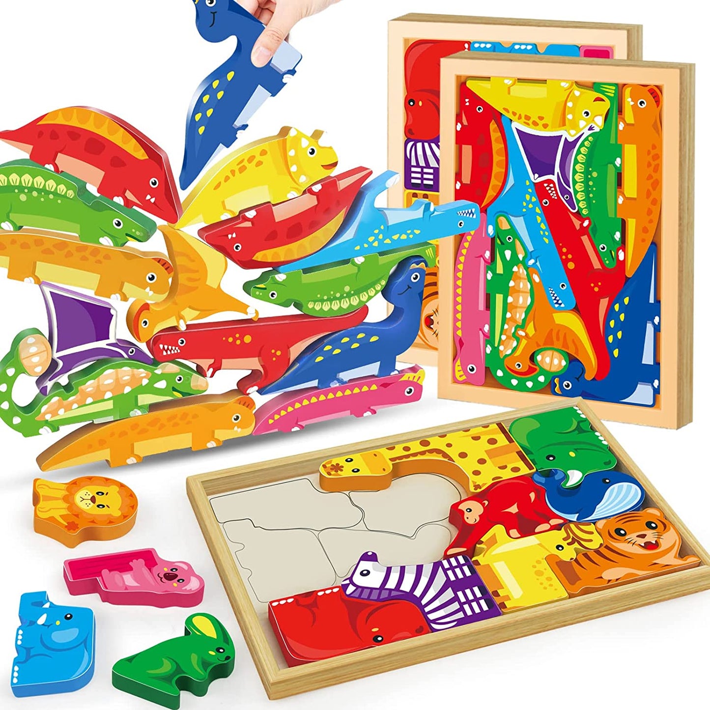 Wooden Puzzles for Toddlers 1-3, Wooden Teaching Clock | 2 in 1 Toddler Puzzles Stacking Toys for Infant Boys Girls Early Learning, Montessori Toys for 1 2 3 Year Old (Dinosaur+Animals Stacking Toys)