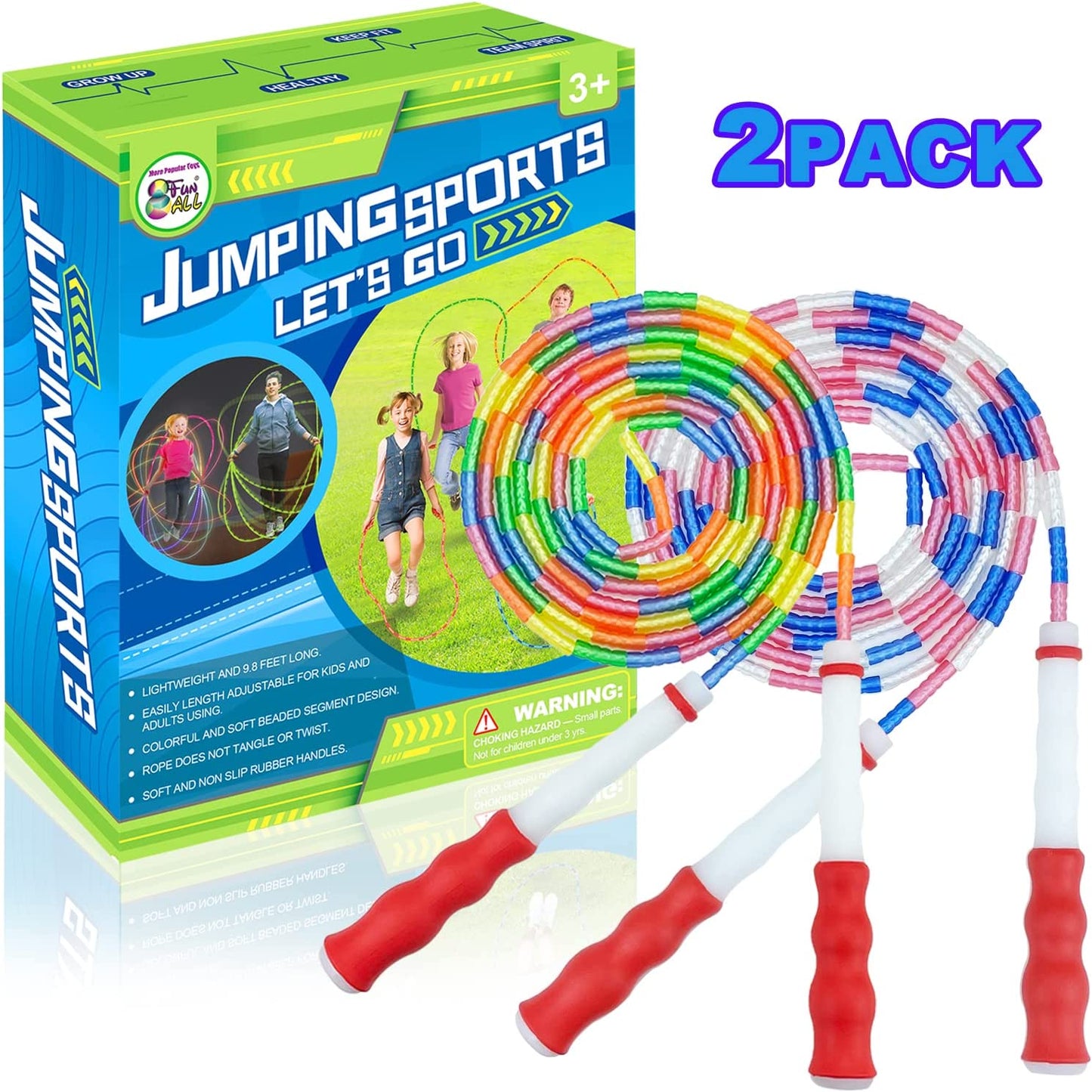 Jump Rope | Soft Beaded Jump Rope & Skipping Rope & Speed Rope adjustable for Kids Toddler Boys Girls Women Fitness Training Workout, 9 Feet 2 Pack